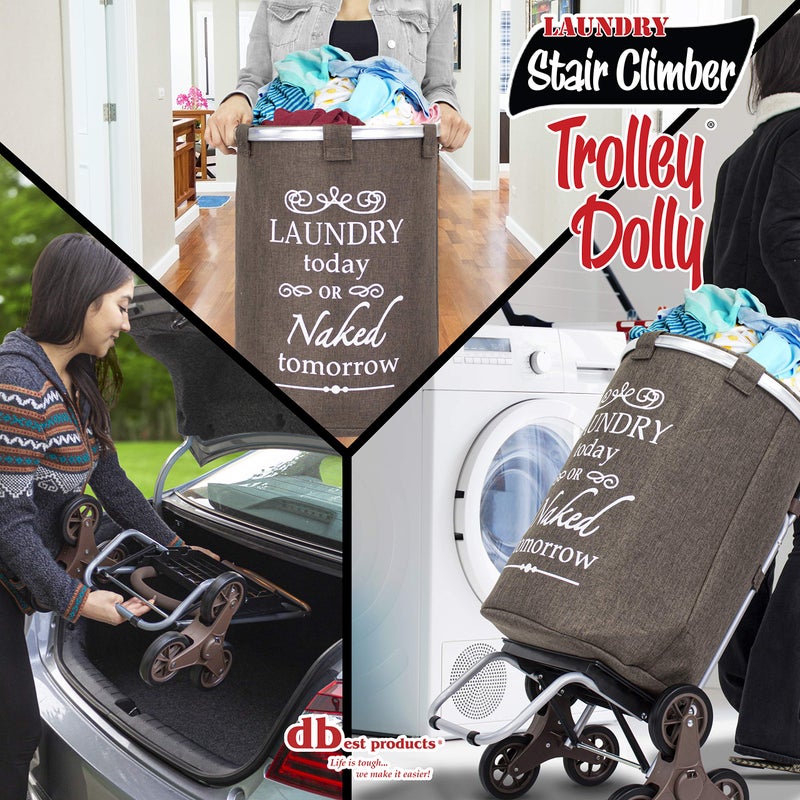 dbest products Stair Climber Laundry Trolley Dolly, Brown Laundry Bag Hamper Basket cart with wheels sorter - Image 2